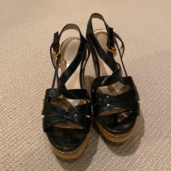 Prada Patent Leather Cork Wedge Sandals - Picture 2 of 10